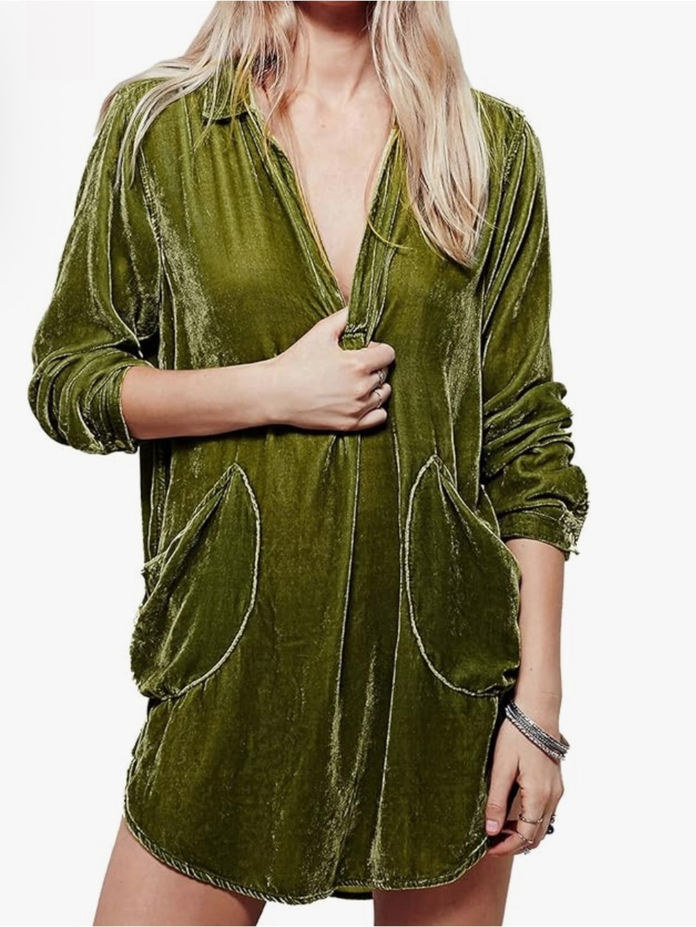 R Vivimos Velvet Tunic Dress Moss Green Long Sleeve Pockets Goblincore Sz Small